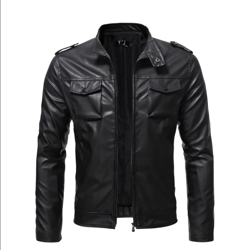 Pure Color Men Long Sleeved Leather Jacket Black / White Fashion Male Diagonal Zipper Business Casual Jacket