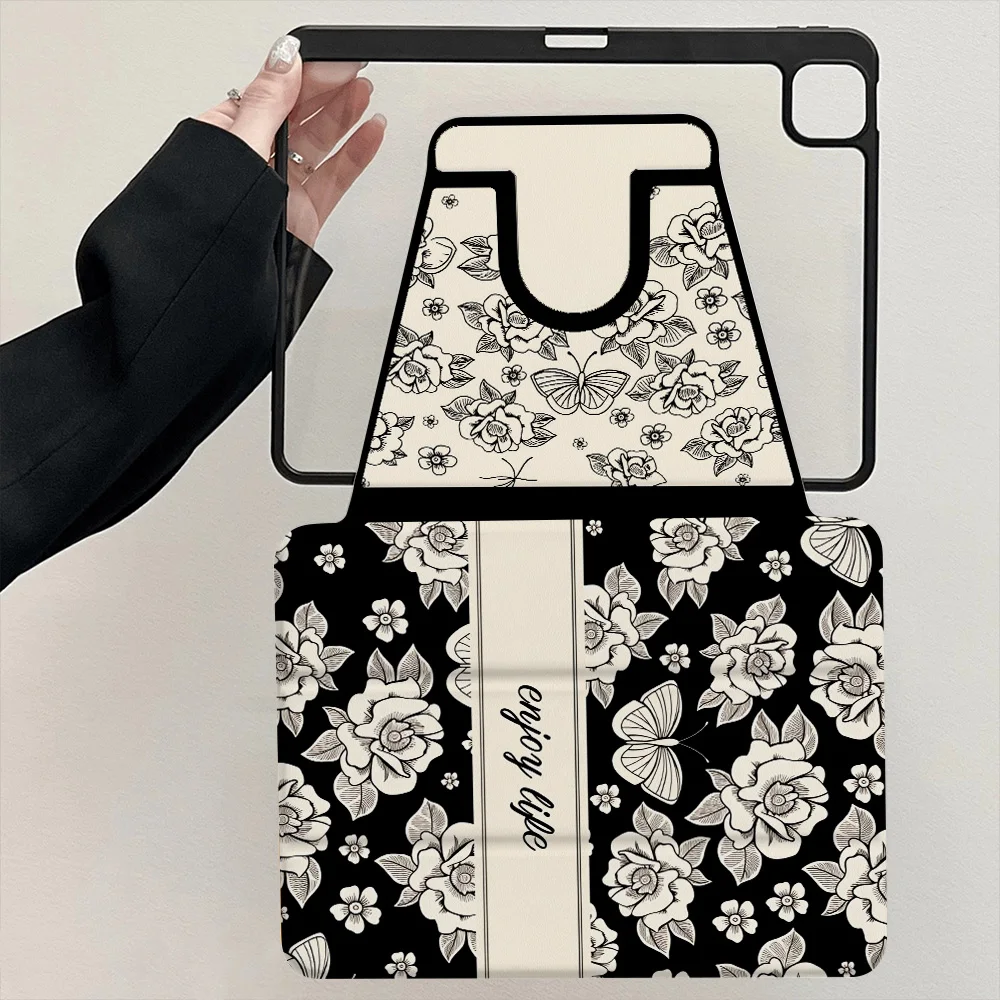 360° Rotatable Tri-Fold for Samsung Galaxy Tab S9 S10 FE A9 A11 S7 S8 Plus Painted Tablet Black White Vintage Florals Butterfly