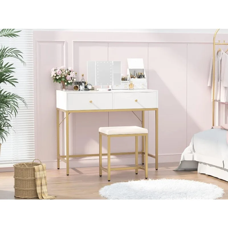 

Vanity Desk, Makeup Vanity with Lighted Mirror, White Desk with 2 Drawers, 35.4 Inches Makeup Vanity Desk with Lights