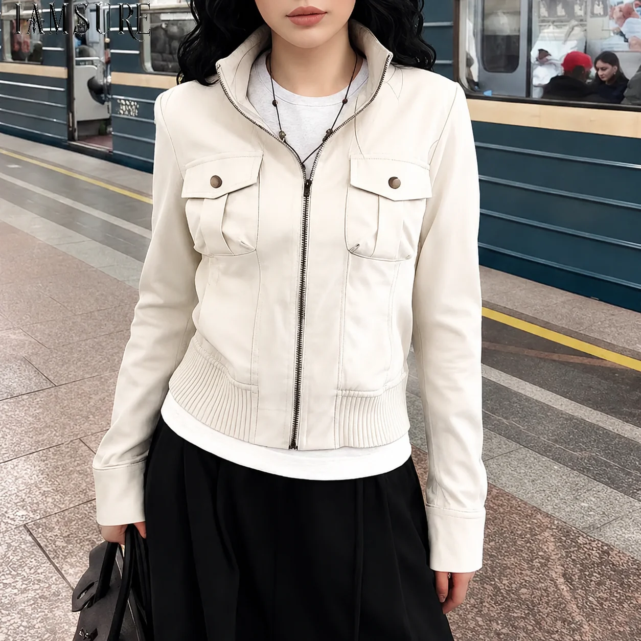 Women'S Fashion Utility Jacket - Crèmekleurige damesjas met ritssluiting, casual utility-zak,