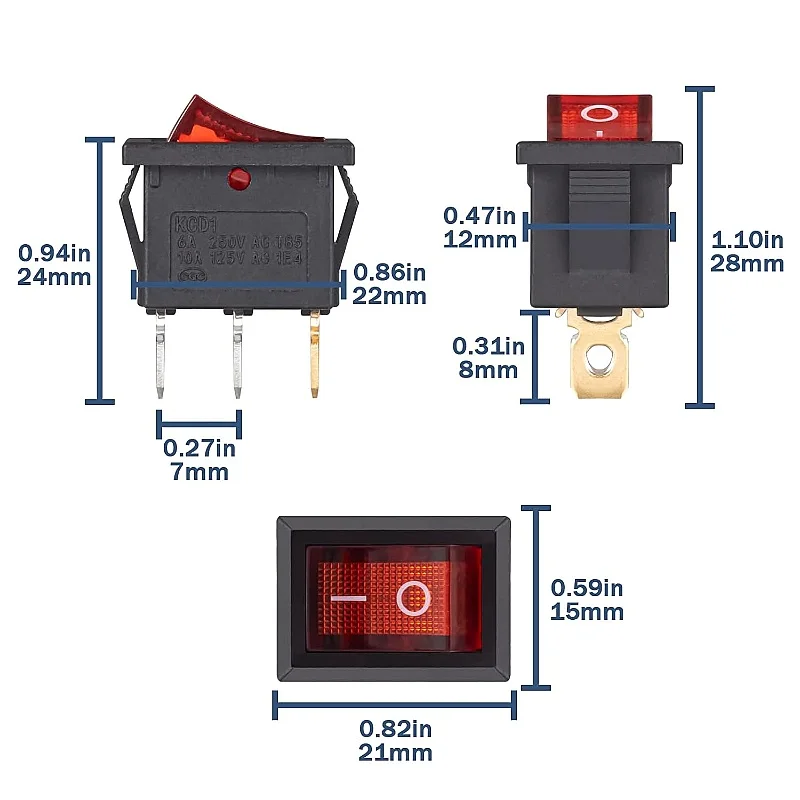 Illuminated Red Rocker Switch 3-Pin On/Off Boat Rocker Switch 6A 250VAC 10A 125VAC Built-in Switch 2 Position SPST (10 Pieces)