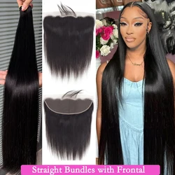 Bone Straight Human Hair 3/4 Bundles With 13x4 Transparent Lace Frontal 30 Inch 100% Human Hair Weave Extensions For Women