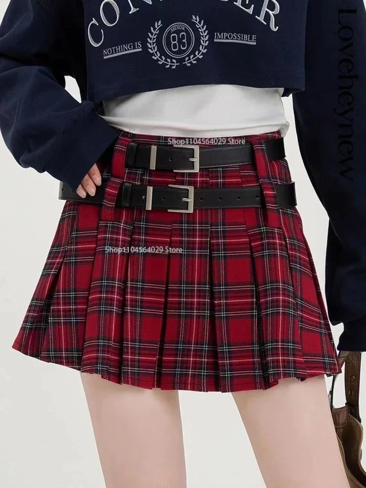 

New Hot Girl Gothic Y2k Mini Skirt Women Korean Cute Short Skirt Female High Waist Double Belt High Sexy Fashion Plaid Skirts
