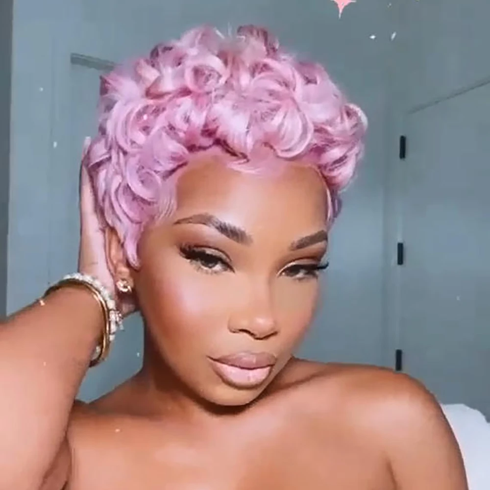 شعر مستعار بشري برازيلي مموج فضفاض، شعر مستعار قصير مجعد بقص عابث مع شعر مستعار بشري قصير مصنوع آليًا بالكامل