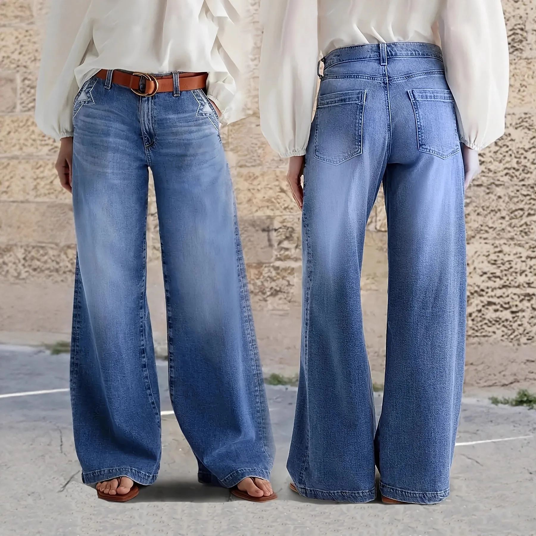 

Women's Baggy Jeans Cotton Wide Leg Denim Pants Mid Rise Blue Wash Button Fly Raw Hem Light Distressed Loose Fit Trousers