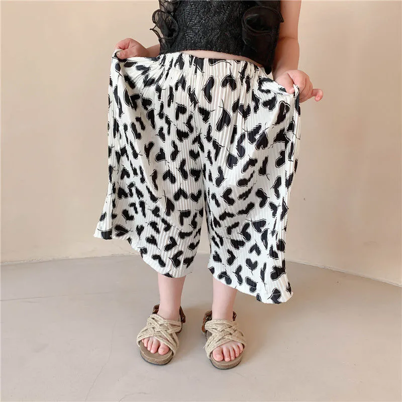 Summer Cool Pants Girls Pleated Casual Pants Fashion Thin Anti-Mosquito Pants Middle-Aged Children'S Nine-Point Wide-Leg Pants