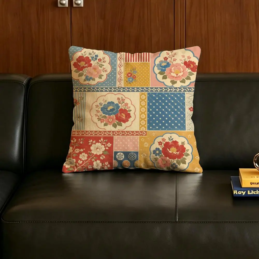 Pattern Vintage Collage Pattern Cushion Cover Natural Linen Pillowcase Set, All-in-One Decor for Sofa, Bedroom & Chair