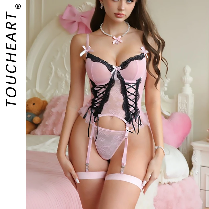 

Toucheart Sexy Clothes Women Lingerie Hot Floral Lace Suspender Socks Tight Binding Corset Lingerie Bow Knot Lace Underwear Set