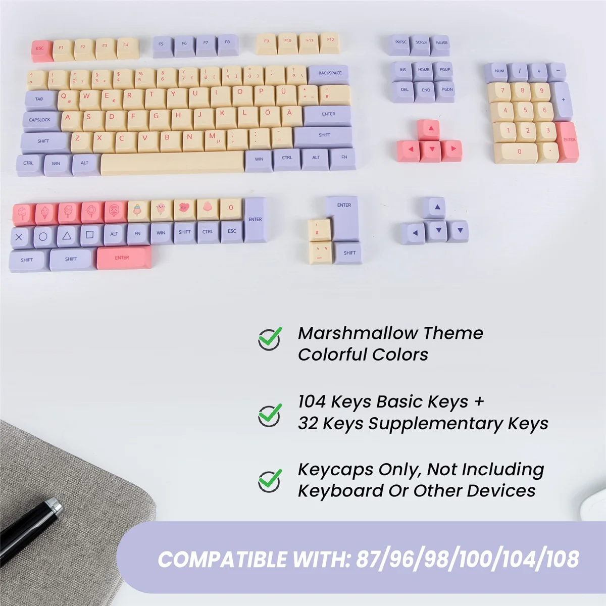 German Keycaps 136 Keys XDA Height Keycaps for 61/64/68/75/82/84/87/96/98/100/104/108 Mechanical Keyboard