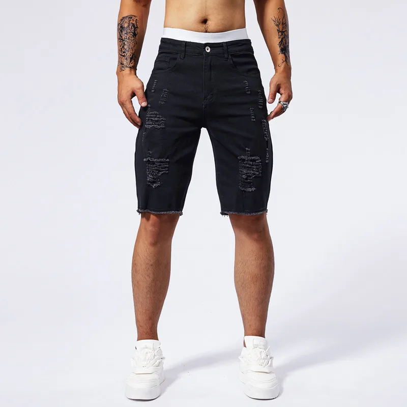 Summer men\'s ripped denim shorts in three colors fashionable retro washed high elasticity slim fit straight leg denim shorts