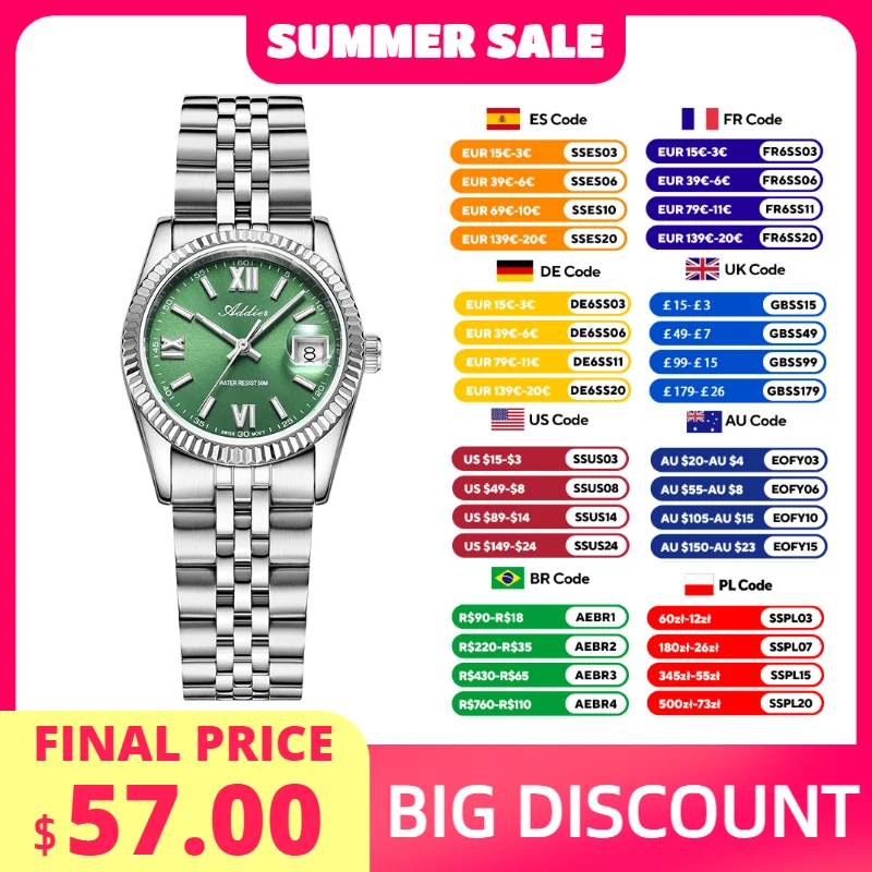 

ADDIES Luxury Women's Watch Stainless Steel 28mm Quartz Ladies Watches 5Bar Waterproof BGW9 Luminous High-End Female Watches