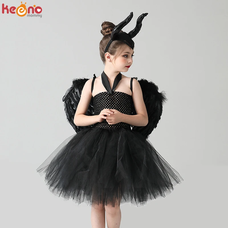 Solid Black Halloween Costumes Girls Dark Devil Tutu Dress with Horn Wings Child Carnival Party Witch Dress Outfit Clothing