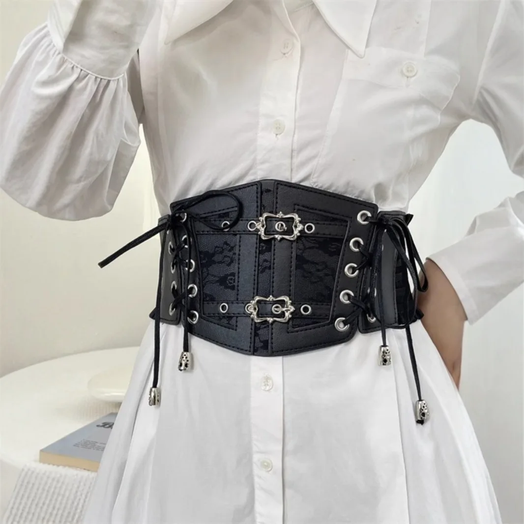 Women'S Wide Elastic Waist Belt 2025 Retro Black Lace Strap Leather Waist Belt Ladies Decoration Fashion Elastic Waist Wide Belt
