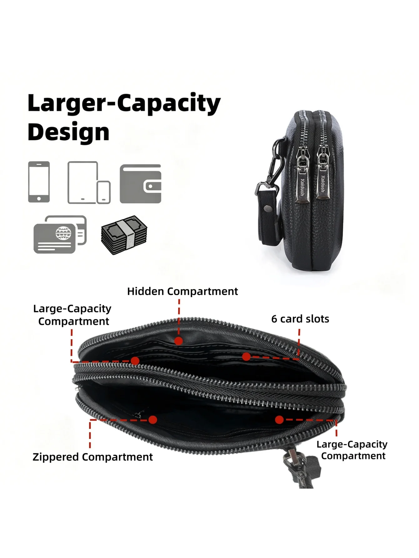 Herren-Clutch-Geldbörse aus echtem Leder, Handtasche mit doppeltem Reißverschluss, großem Fassungsvermögen und 6 Kartenfächern, tragbare Business-Handtasche – Detail 5