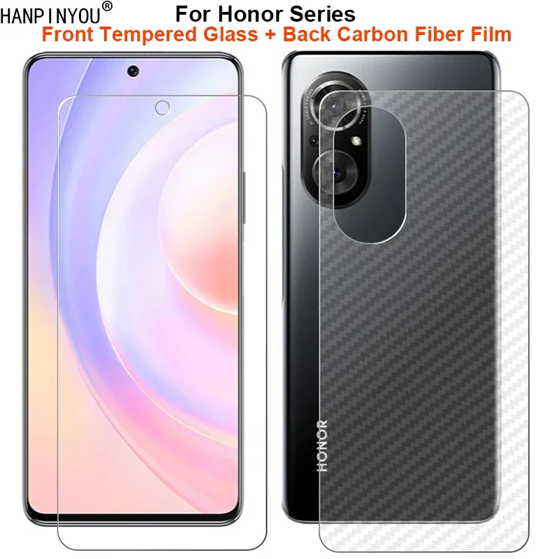 For Honor 90 80 GT 50 SE Lite Flat 1 Set = Soft Back Carbon Fiber Film + Ultra Thin Clear Tempered Glass Front Screen Protector