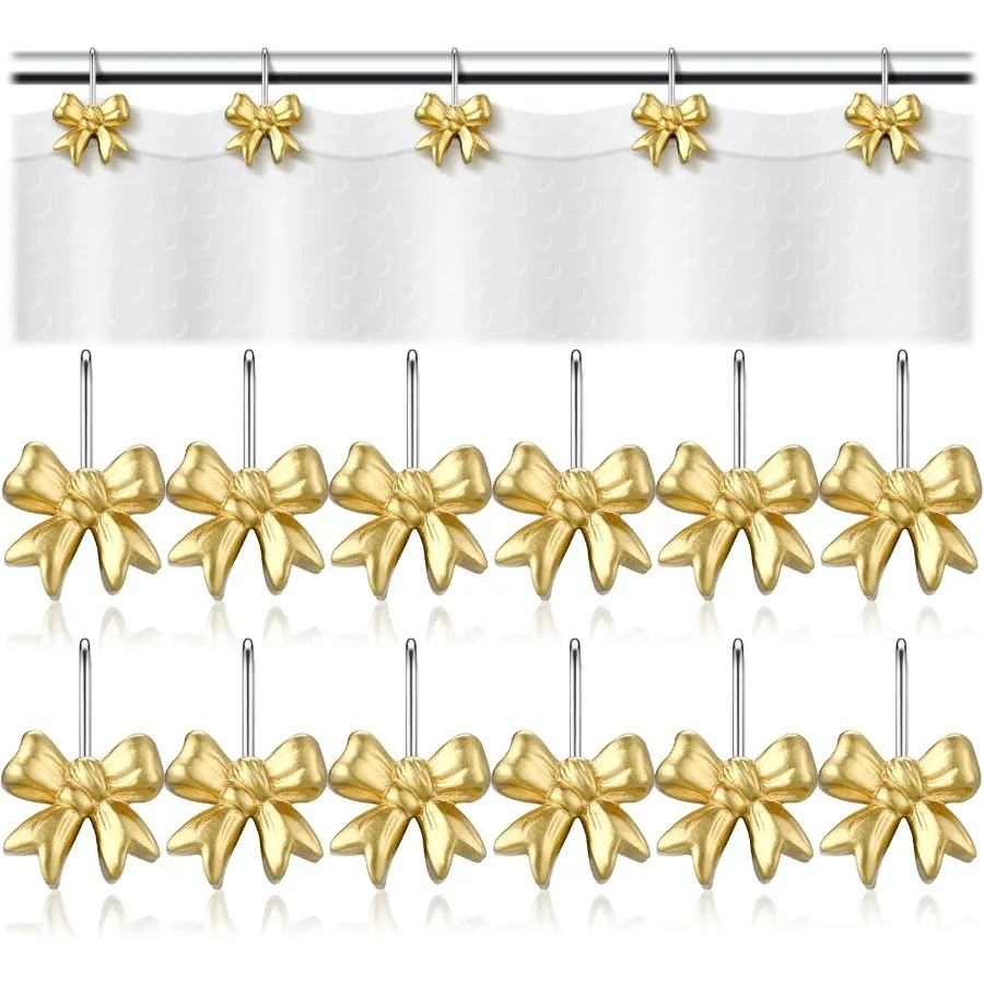 

12 шт., крючки для занавесок для душа с золотым бантом, металлические декоративные вешалки для душа, объемные скользящие кольца для занавесок для душа для ванной комнаты