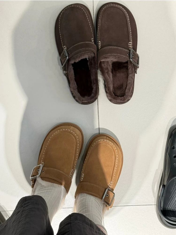 2026 Winter New Retro Women's Cotton Shoes Casual Warm Thick Heel Plush Slippers Comfortable Lightweight Belt Buckle Snow Boots