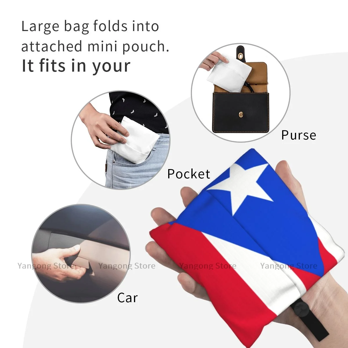 Folding Shopping Bag Puerto Rico Flag Reusable Portable Shoulder Handbag for Travel Grocery Pocket Tote