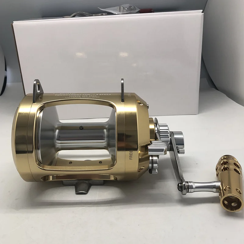 Moulinet De pêche à la traîne en eau salée 50W 80W 2 vitesses bateau océan mer profonde Carrete De Pesca grand jeu moulinet De pêche or poudre aluminium