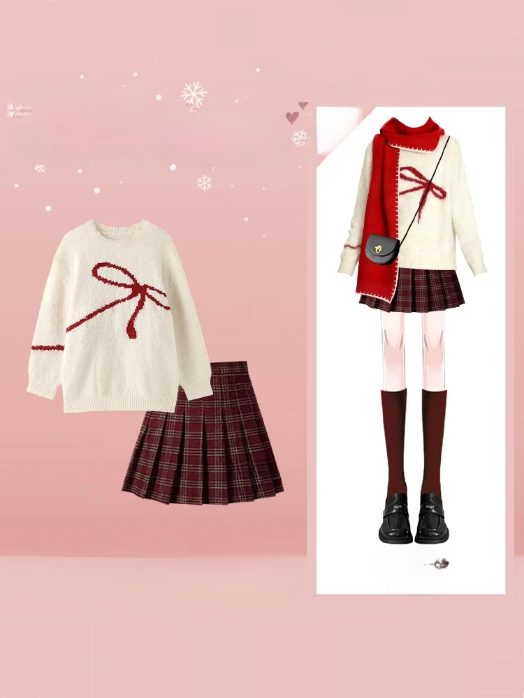 Dolce fiocco con nodo maglione gonna a pieghe scozzese college Sle Set inverno Faion donna lavorata a maglia rotonda Ne in due pezzi