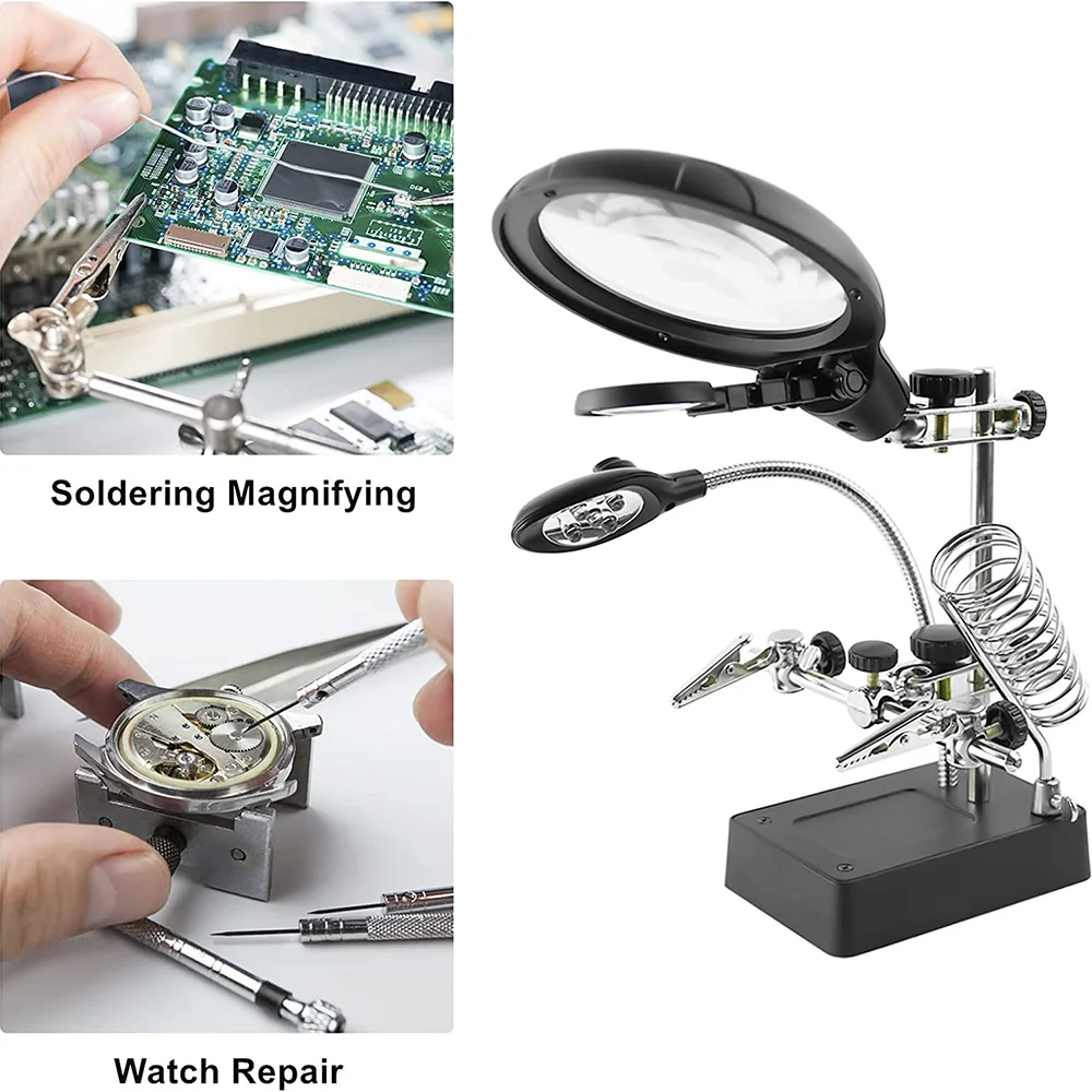 2.5X 7.5X 10X Welding Magnifying Glass LED Auxiliary Clip Loupe Magnifier 3 In1 Hand Soldering Solder Iron Stand Holder Station