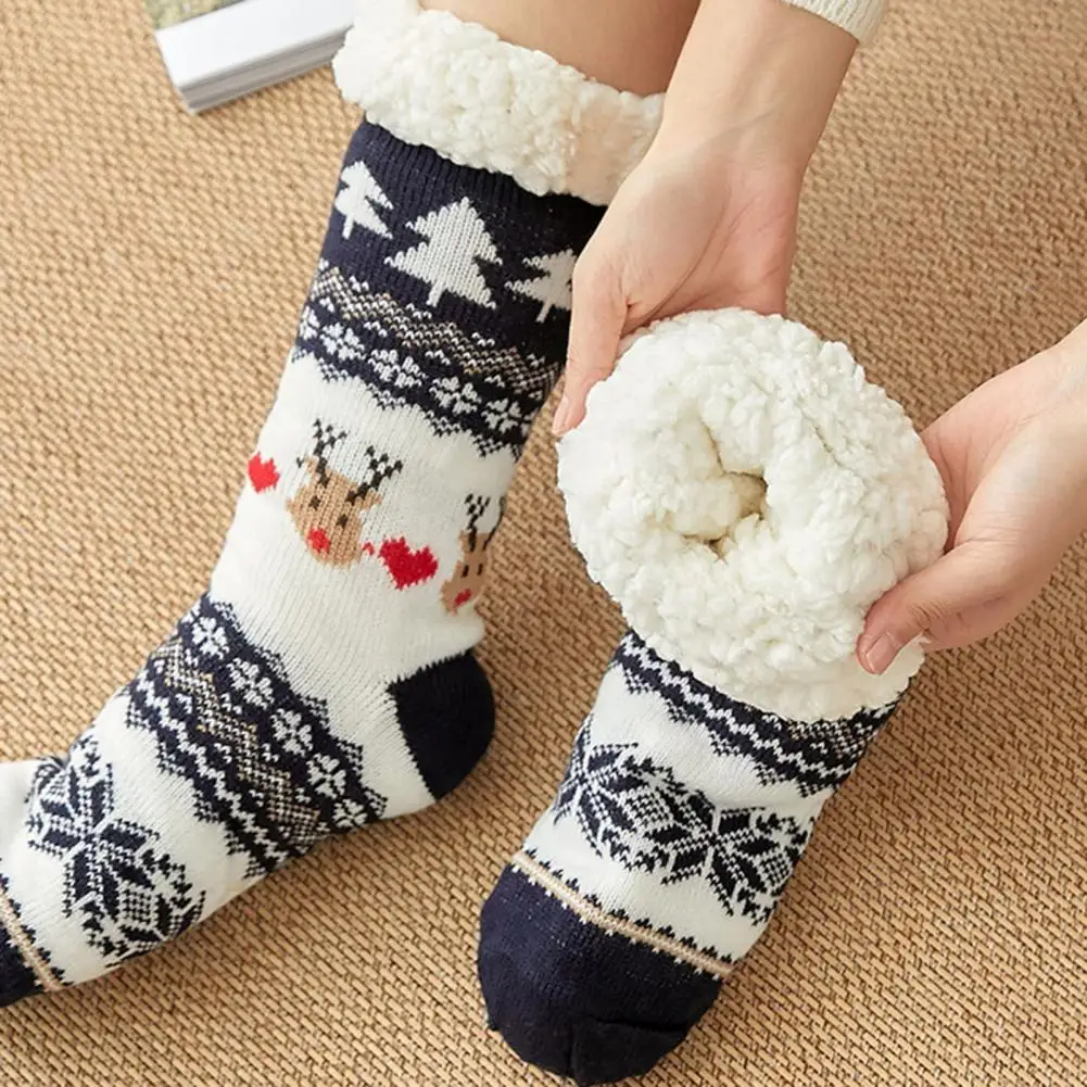 Men Women Socks Cozy Winter Floor Socks with Christmas Elk Snowflake Print Thick Plush Leg Warmers for Fall Winter for Extra