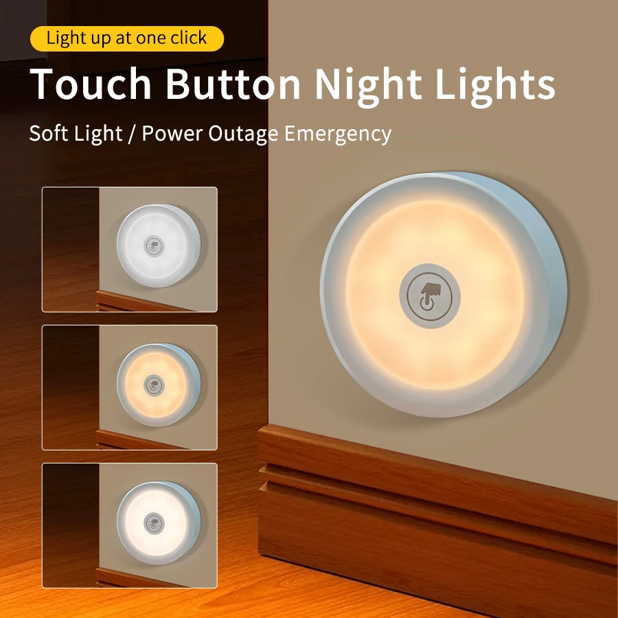 

Touch Control LED Night Light - 3 Color Dimmable, Battery Powered with Magnet for Bedroom, Cabinet, Stairs, Hallway
