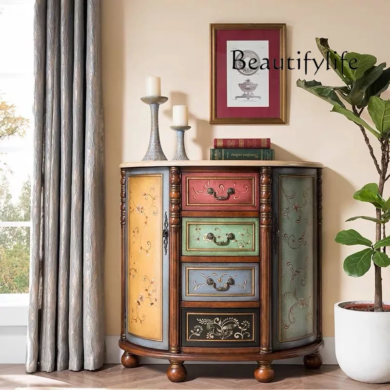 American style solid wood foyer cabinet, retro small unit multi-functional semi-circular bucket cabinet