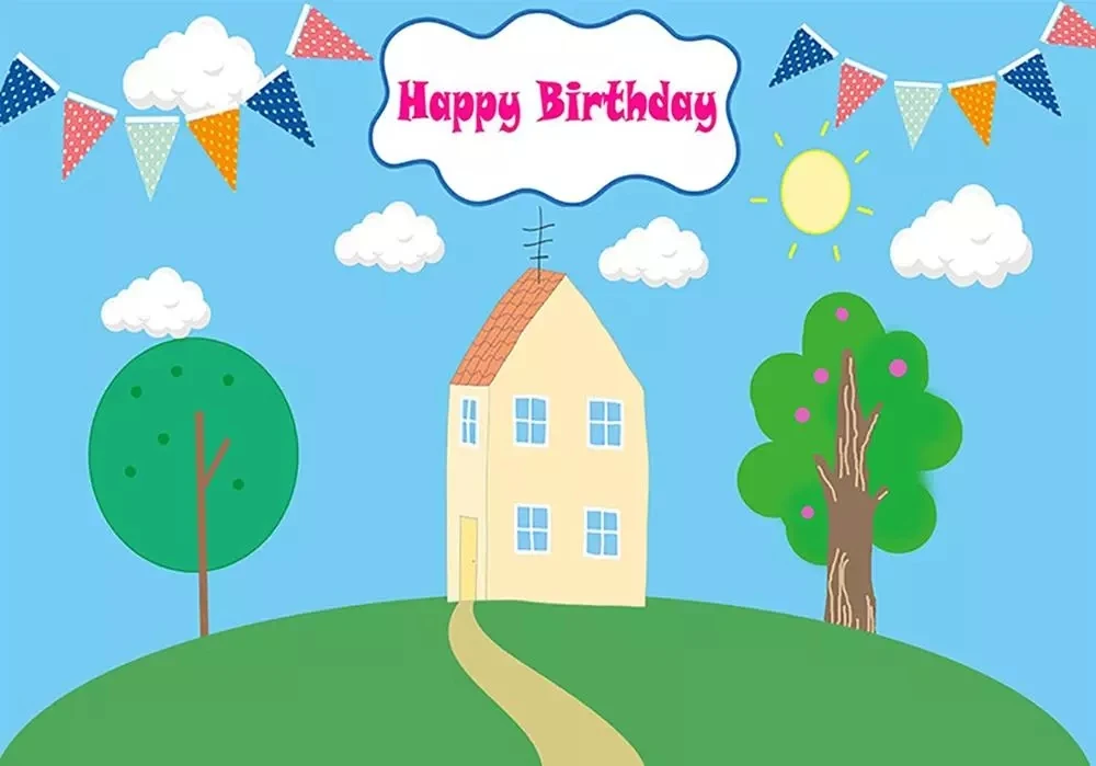 Primavera 1 ° compleanno Kid Background Baby Shower Tree Balloon Blue Banner Pig House sfondo Photozone Photography Vinyl