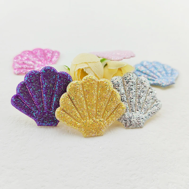 60Pcs 3.5*3CM Shiny Glitter Shell Padded  Appliques For Clothes Hat Sewing Supplies DIY Headwear Hair Clip Bow Decor Patches