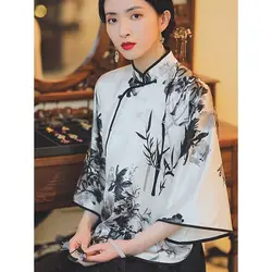 Chinese traditional clothing for women vintage lose qipao shirt cheongsam top floral printing big sleeve blouse retro top