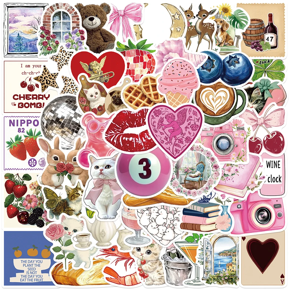 50PCS Aesthetic Pinterest Stickers Retro Style Graffiti Decals For Cup Storage Box iPad Refrigerator Cartoon Decorate Stickers