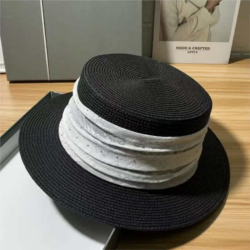 

Elegant ribbon flat-topped hat for women's vacation leisure sunshade and
