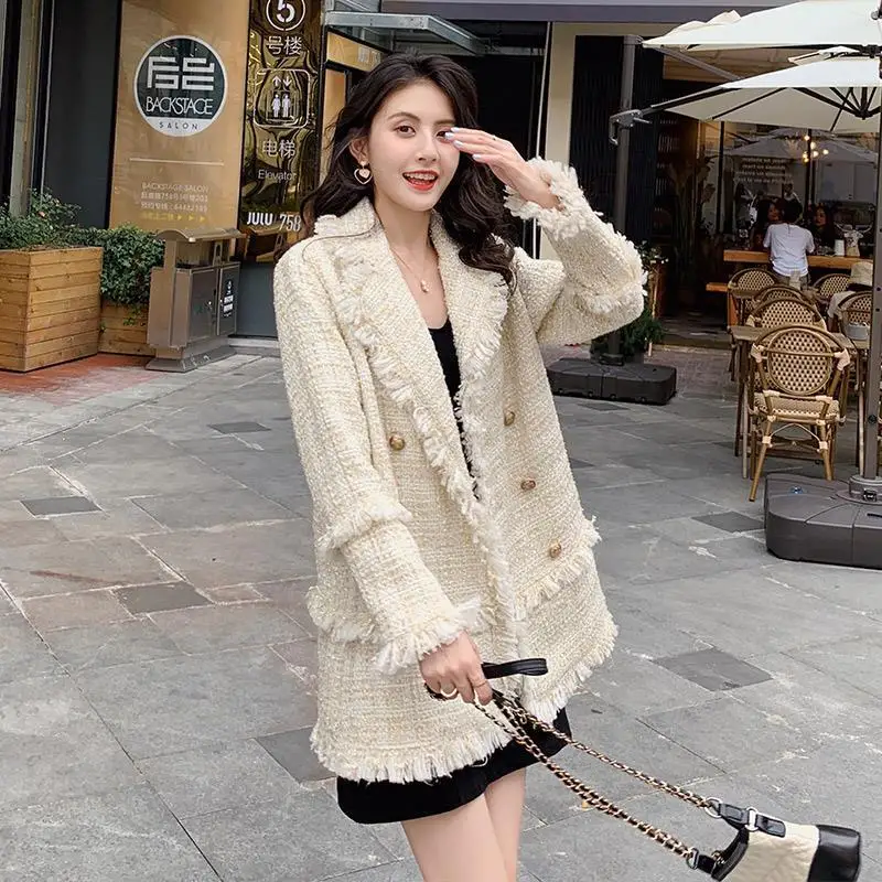 Fashion Spring Autumn Korean Suit Women's Tweed Jacket Double-breasted Blazer Design Coat Tassels Lapel Long Sleeve Coat Tops