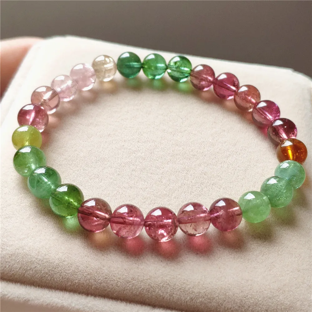 Natural Colorful Red Tourmaline Clear Round Beads Bracelet 7.3mm Brazil Green Candy Tourmaline Women Men AAAAAAA