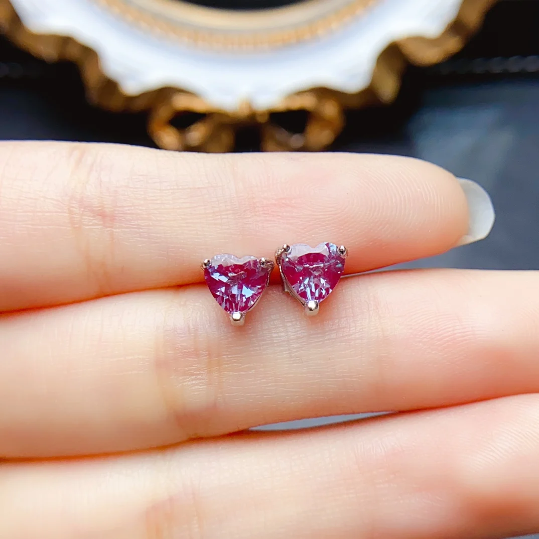 Real Silver Earrings Color Changing Alexandrite Heart Stud Earrings Fine Jewellery Ladies 925 Silver Heart Earring