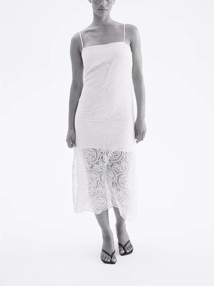 Vestido E de Renda Novo Moda de Verão Roupas Fenas Sem Mangas Midi de Cintura Alta para Festa Vestido de Cor Pura