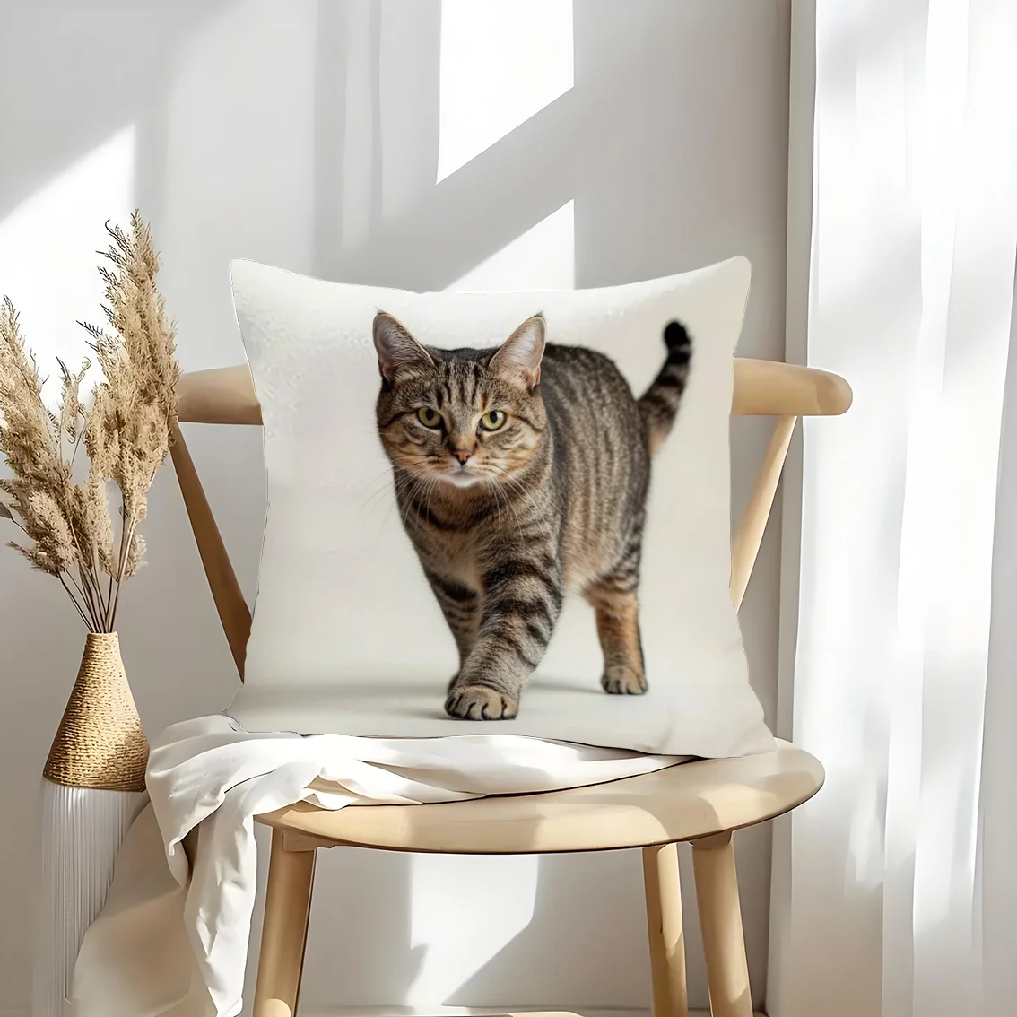 1pc Cute Walking Tabby Cat Real Photo Style Throw Pillow Cover 2D Double Printed Polyester Case, Living Room Balcony Decor Holid