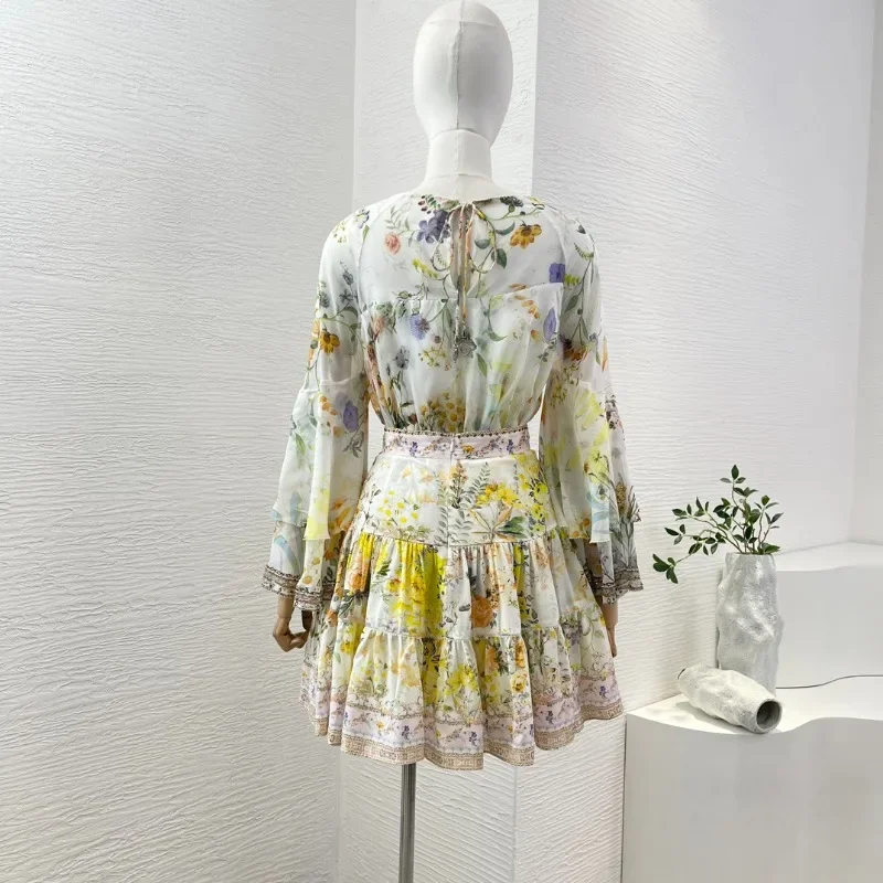 Women's Yellow Floral Print Long Sleeve Blouse and Skirt Set Irregular Hem Tops Patchwork Diamonds High Quality New