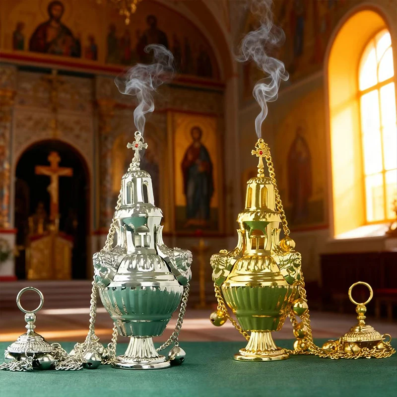 Neues 2026 Orthodoxes Kirchen-Weihrauchfass, griechisches hängendes Weihrauchfass, vergoldet und versilbert, religiöses Weihrauchfass mit Glocken, orthodoxes Weihrauchfass als Geschenk – Detail 4