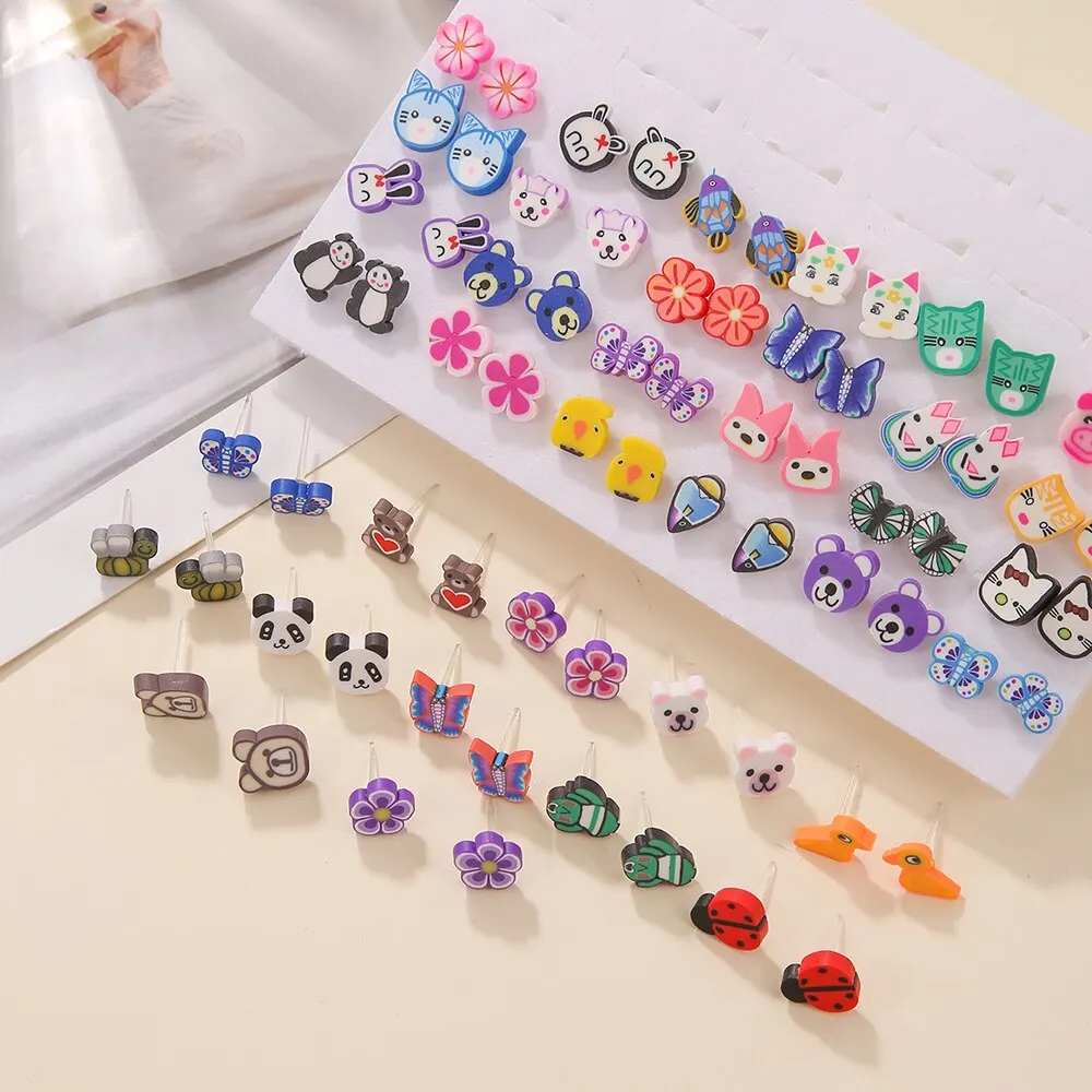 Trendy 36Pairs/lot Women Fruit Animal Stud Earrings Set New Fashion Resin Colorful Multi-style Party Birthday Gifts Female Ear