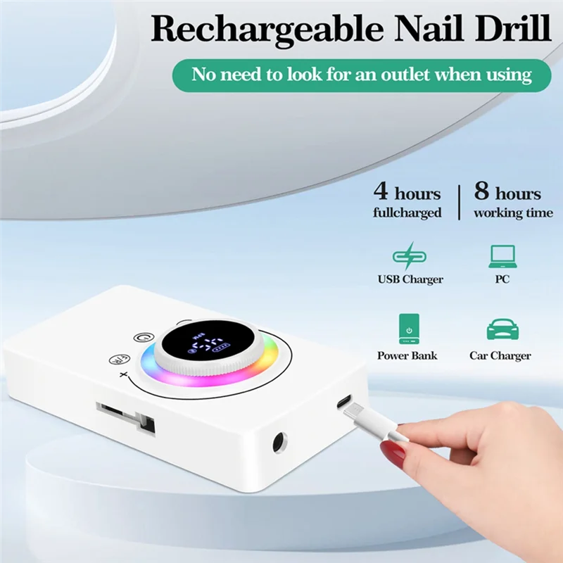 N02R-Nail Drill Machine 45000RPM Rechargeable Electric Nail HD LCD Display For Manicure For Nails Gel Polish Low Noise