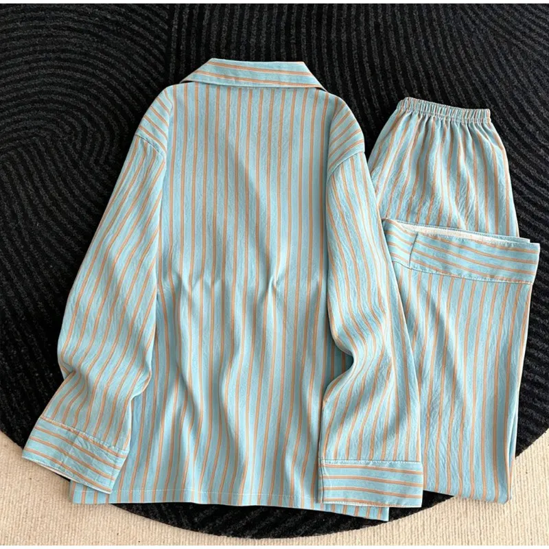 Autumn Striped 2Pcs Pajama Set Lapel Collar Long Sleeve Home Clothes Button‑Down Ladies Korean Loungewear Sleepwear Nightwear
