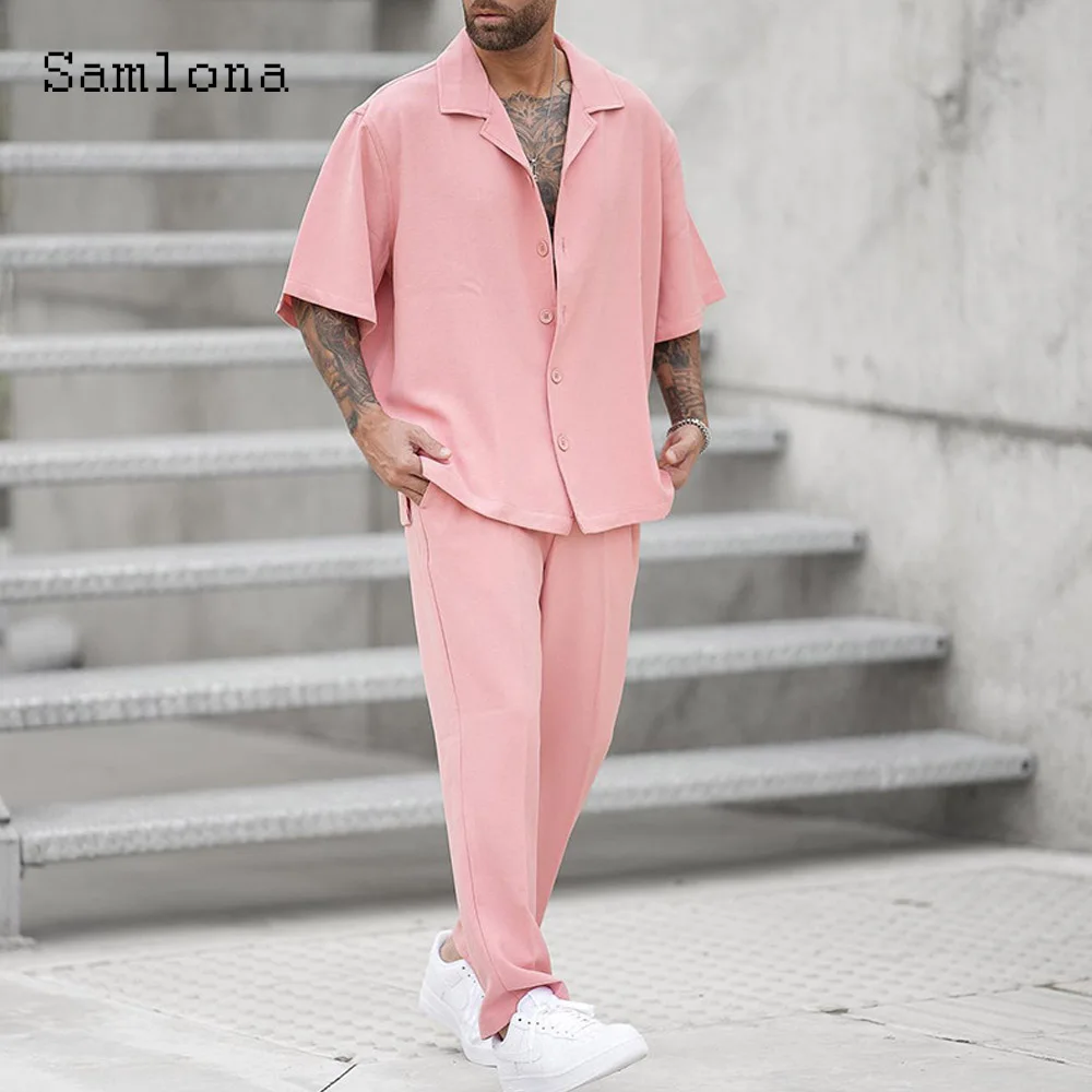 Samlona Plus Size Mens Casual Beach Tracksuit Sets 2024 European Style Two Piece Set Men Vintage Basic Tops and Solid Pants Suit