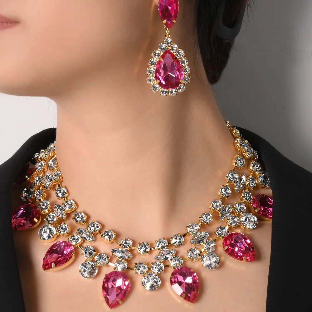 

Luxury Rose Red Rhinestone Women Jewelry Sets Bridal Wedding and Party Dress Necklace Sets Waterdrop Shape Necklace Earrings Ins
