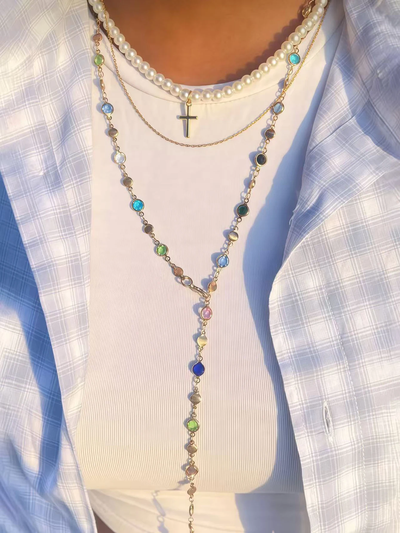 2 piezas elegante cadena de colores perla de imitación colgante de cruz collar multicapa para fiestas banquetes accesorio de joyería