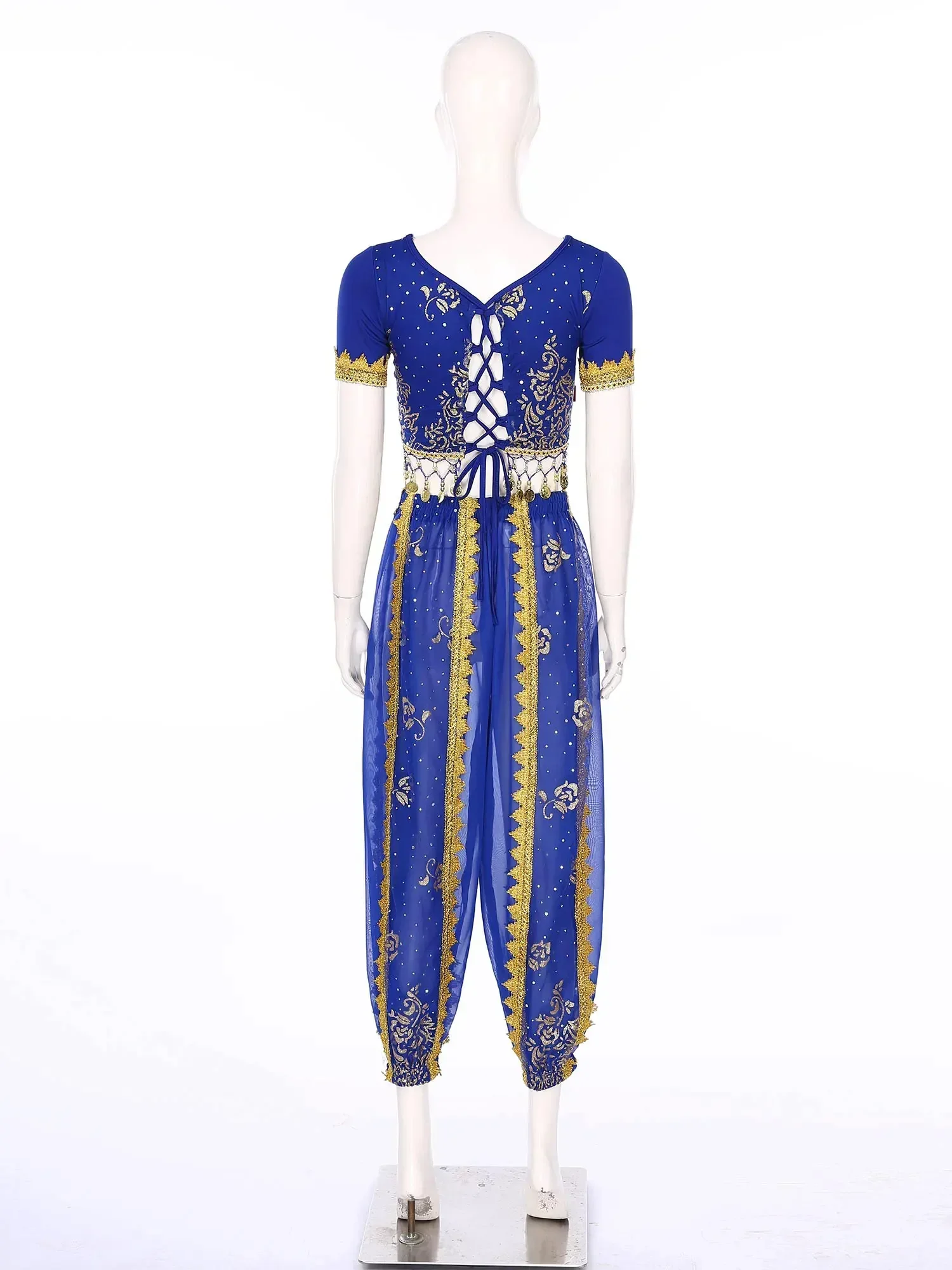 ชุดเต้นระบำหน้าท้องสำหรับผู้หญิง แขนสั้น ประดับพู่ ครอปท็อป กางเกงบาน 2 ชิ้น ชุดเต้นระบำแบบตะวันออก ชุดเต้นระบำหน้าท้องมืออาชีพ