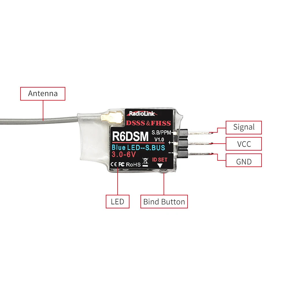 Radiolink R6DSM 2.4G 10CH RC nadajnik-odbiornik mały rozmiar SBUS/PWM nadaje się do wyścigów drony kompatybilny z AT9S/AT10/AT10II