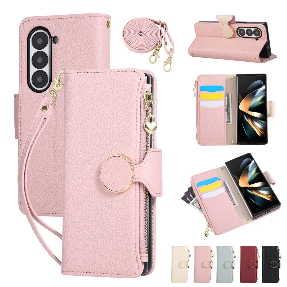Crossbody Lanyard Wrist Strap Zipper Wallet Cards Holder Phone Case for Samsung Galaxy Z Fold 7 6 5 4 Fold7 Fold6 Leather Cover
