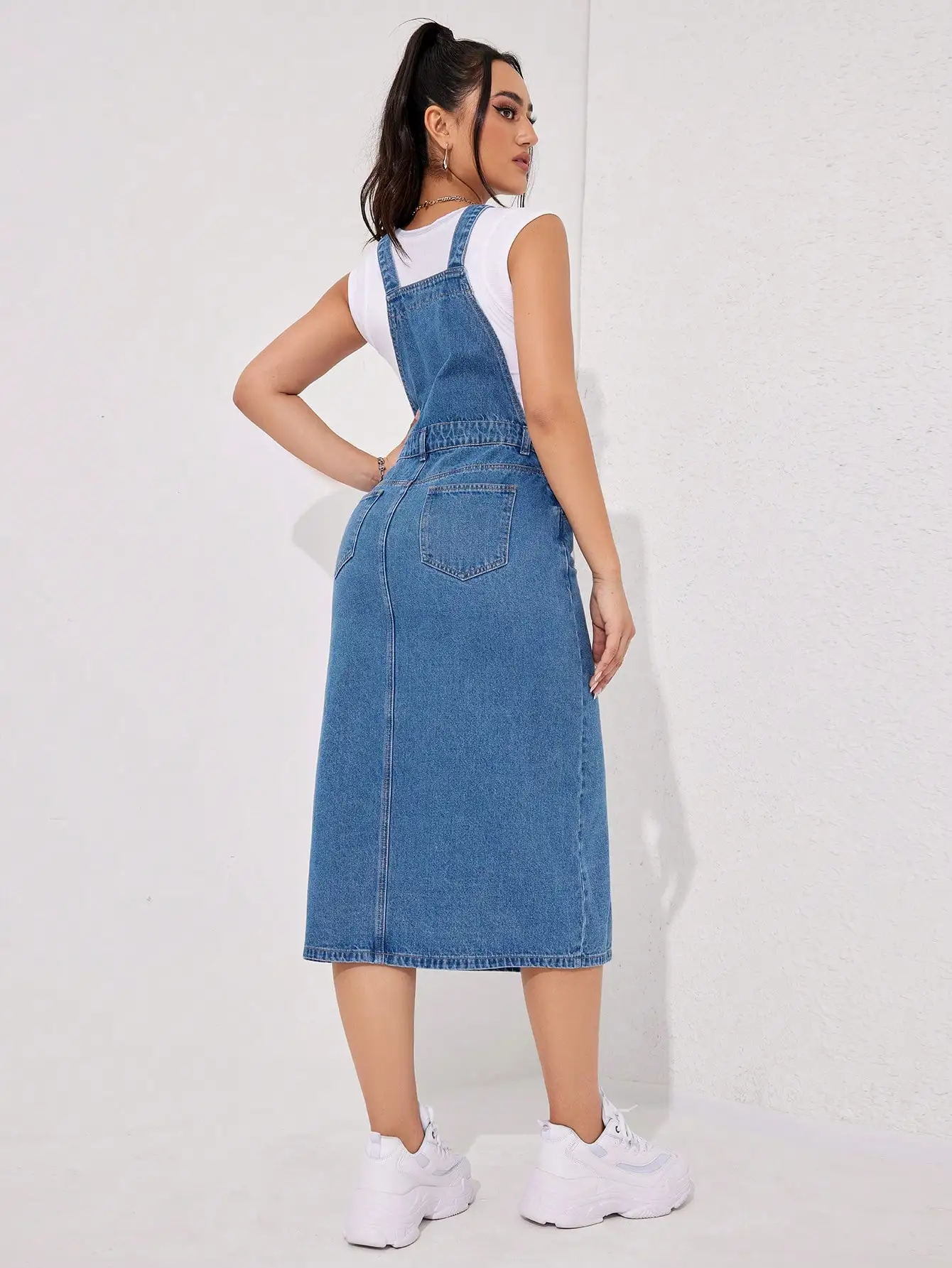 

Denim Overall Dress With Split Hem And Button Detail